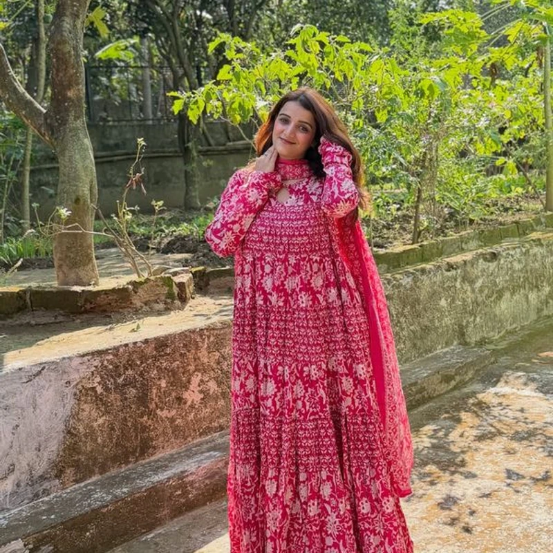 Premium Pure Cotton Anarkali Gown Kurta three Piece Set Rose Blossom Tiered - Image 5