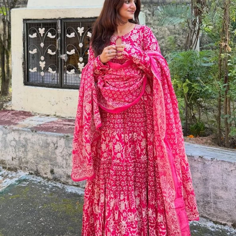 Premium Pure Cotton Anarkali Gown Kurta three Piece Set Rose Blossom Tiered - Image 7