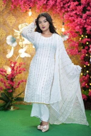 White Sequence Georgette Three Piece Set for Women | Elegant Party Wear