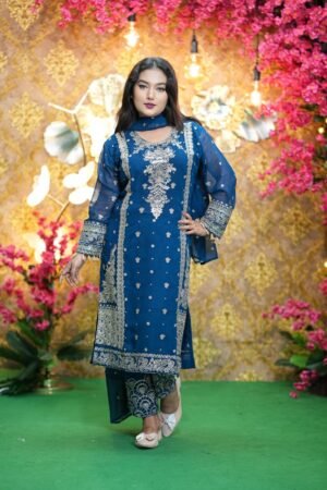 Midnight Blue Embroidered Georgette Three Piece for Women | Wedding Party Wear