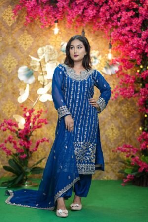 Royal Blue Embroidered Georgette Three Piece Set for Women | Party Wear Dress